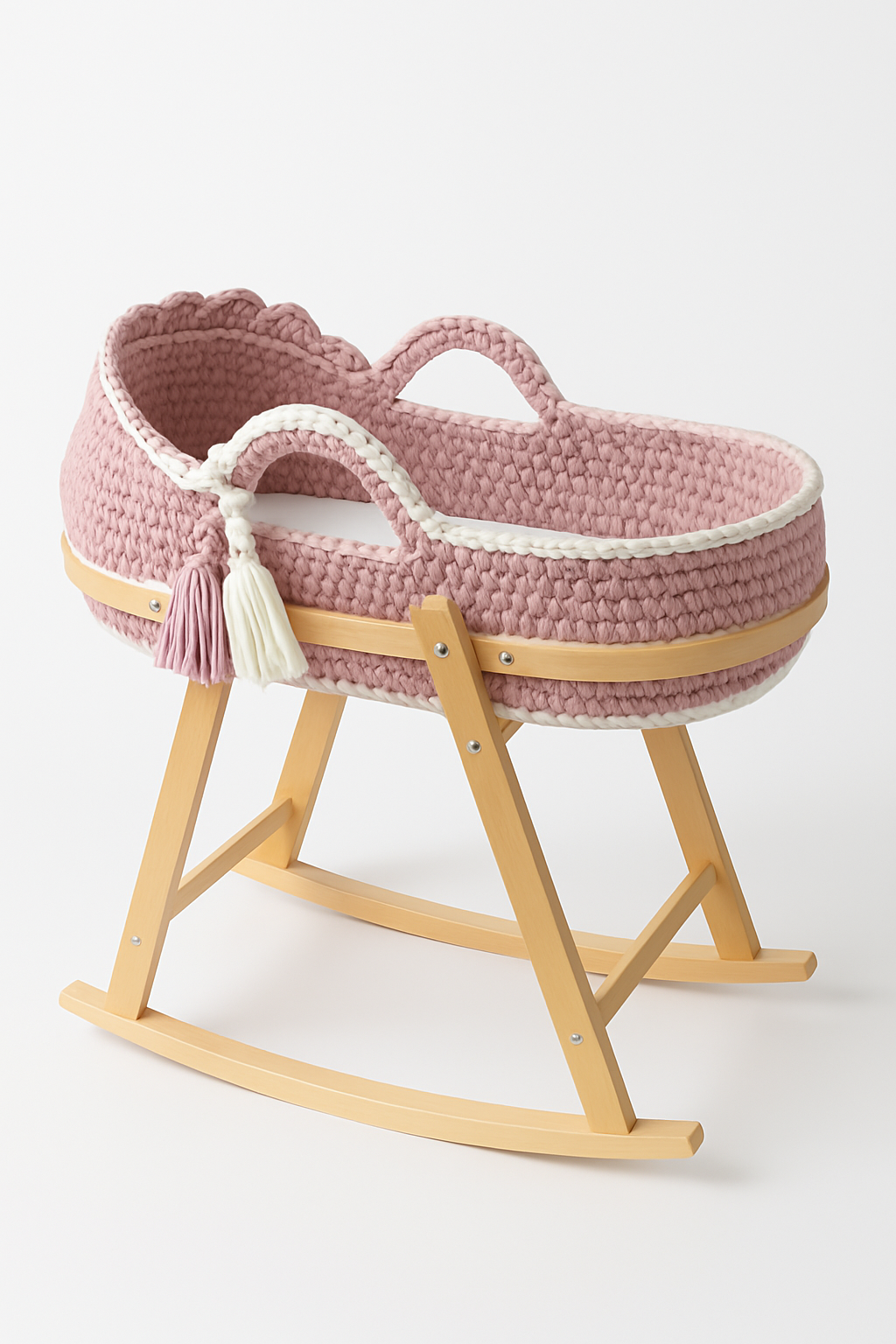 Handmade crochet Moses basket in Blush Rose with wooden rocking stand