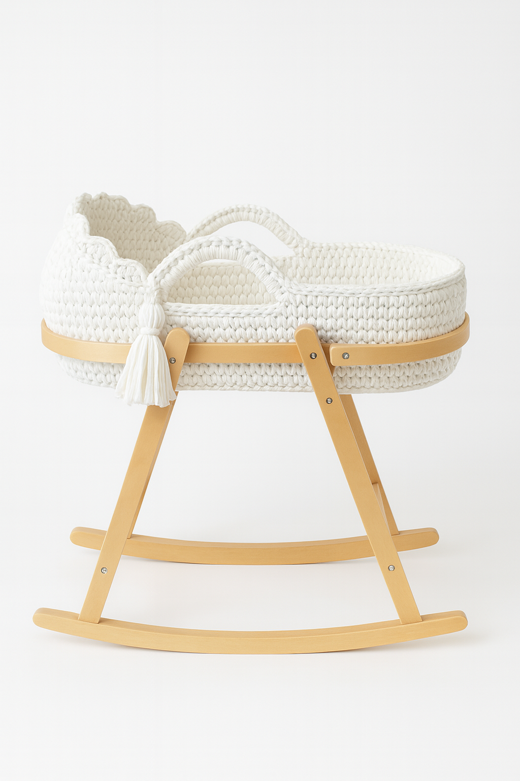 Handmade crochet Moses basket in Muse White with wooden rocking stand